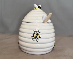 White Ceramic Honey Bee Pot With Wooden Honey Drip Spoon, By White Market Finds