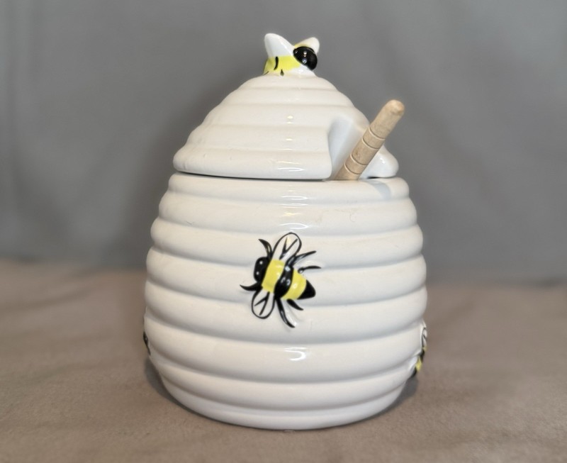 White Ceramic Honey Bee Pot With Wooden Honey Drip Spoon, By White Market Finds