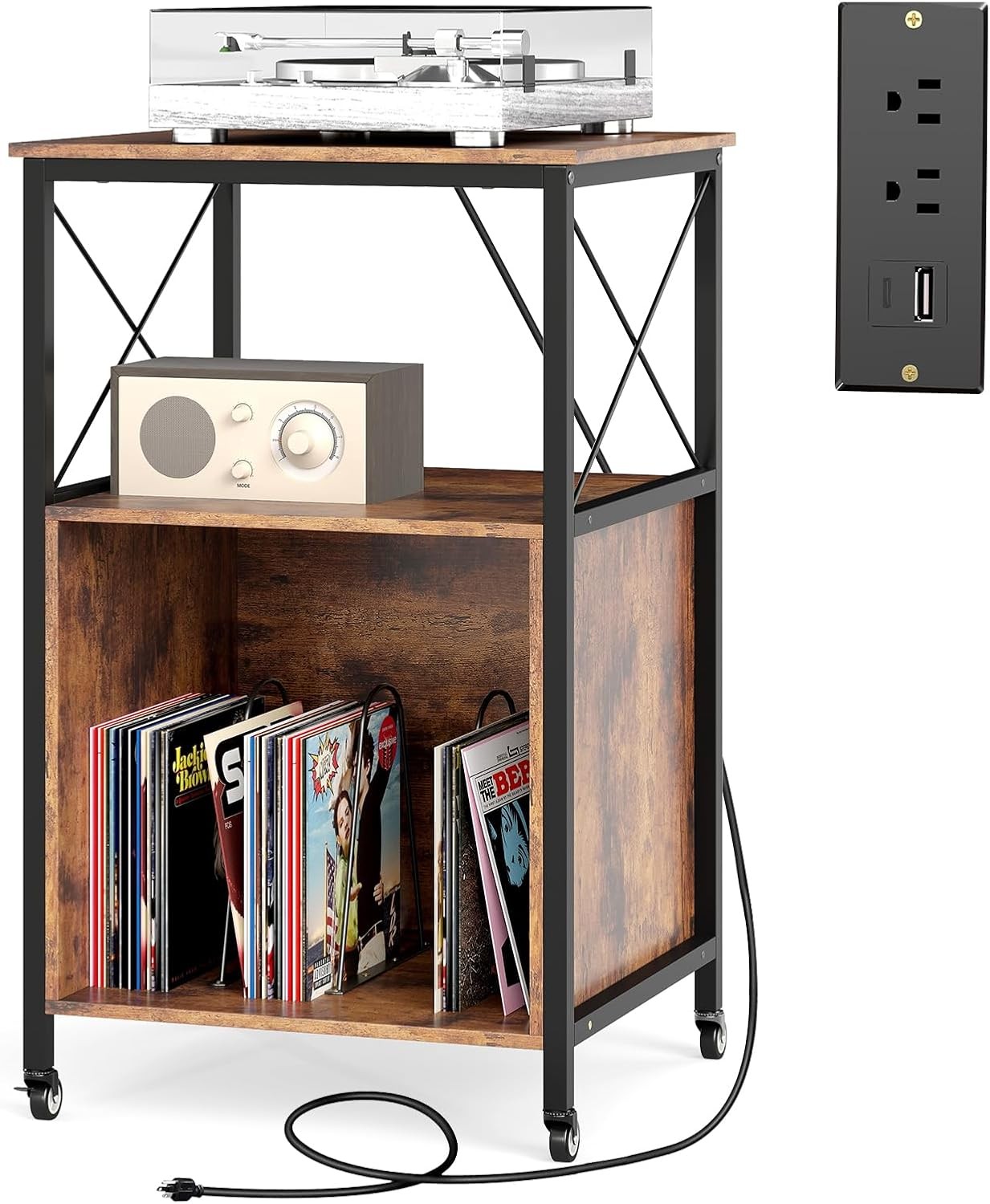 3-Tier Rolling Record Player Stand Mobile Turntable Stand  Power Outlet Open