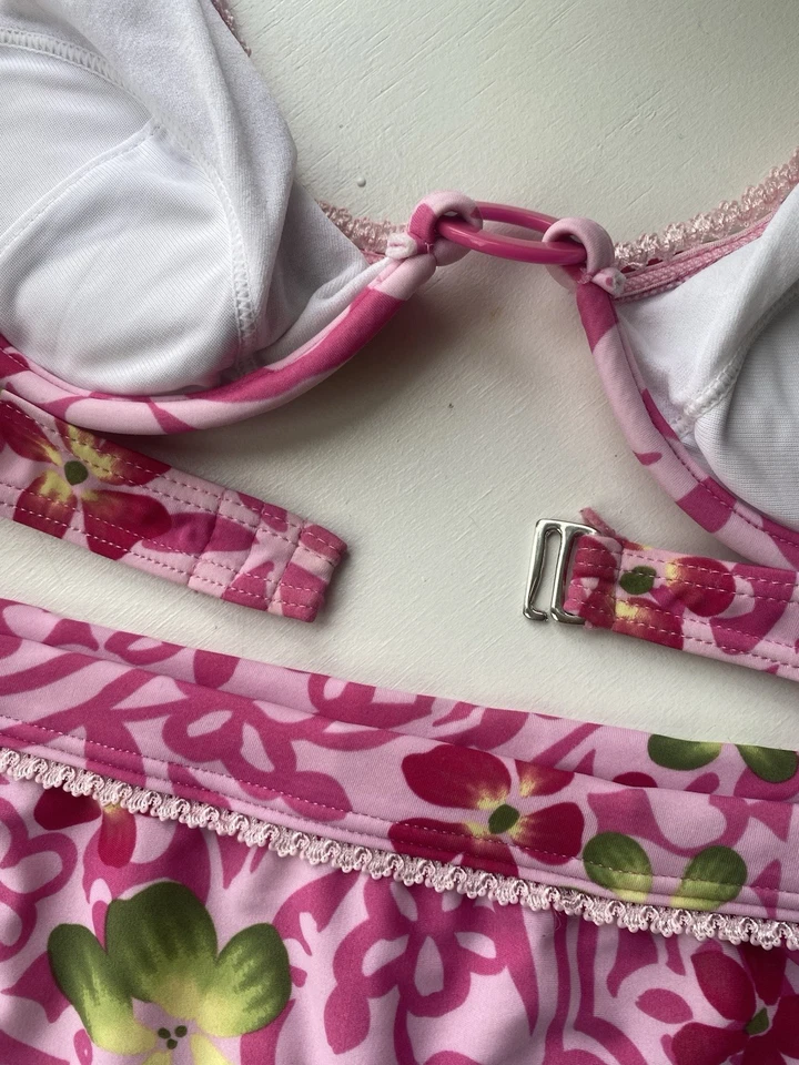 Conjunto de bikini floral vintage Y2K con falda con aros niño corto a juego 3 piezas Foto 4 de 4