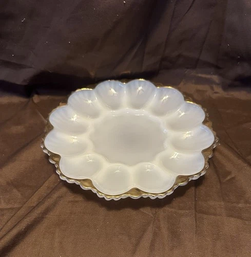 Fire King Milk Glass Gold Trim Egg Plate Anchor Hocking Glass Vintage VGC