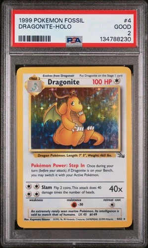 1999 POKEMON FOSSIL #4 DRAGONITE-HOLO PSA 2