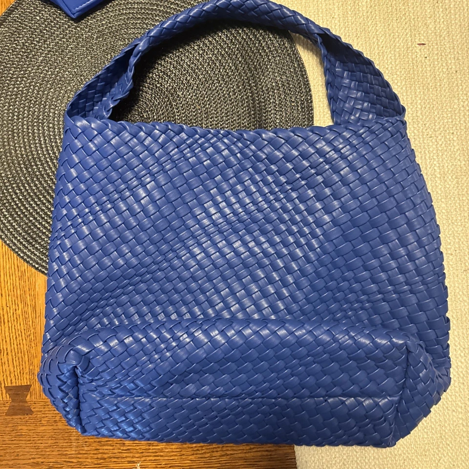 Melie Bianco Brigitte Large Satchel  Blue Woven Vegan Leather Knot Bag + Wallet - Image 3 of 4