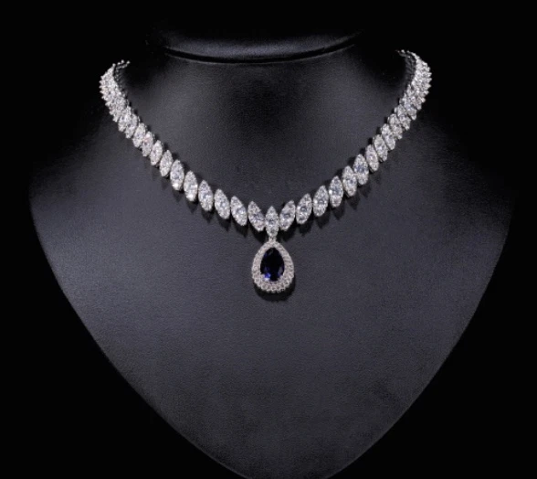 Conjunto de aretes collar zafiro azul enchapado en platino de 18k creado en laboratorio elegante regalo Foto 2 de 4