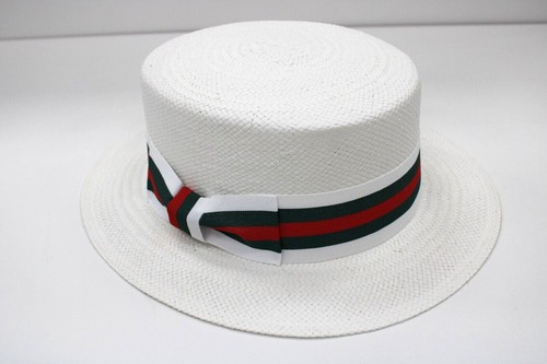 Men's White Boater Hat Green Red 100% Straw Skimmer By Bruno Capelo BC-639 - 第 3/7 張圖片