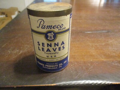 Pameco Brand 1940's paper labeled Graphic spice tin Senna Leaves Tinnevelly USP
