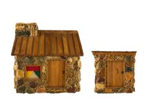 Vintage Folk Art Rock Covered Cabin & Outhouse Figurines Miniature Set 7" 4"