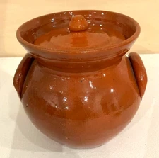 Vintage Jugtown Redware Crock & Cover w/Applied Handles H 6.5" x D 6.5" (widest)