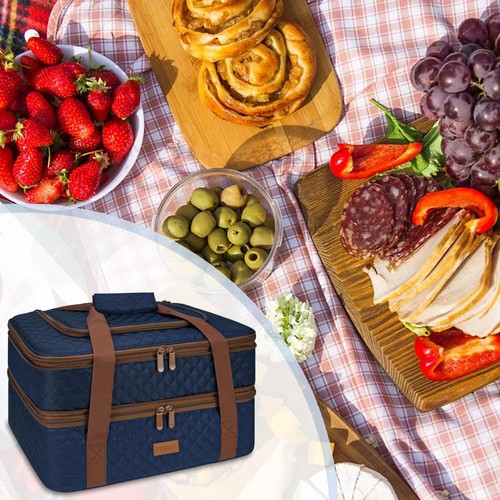 Quilted Insulated Double Casserole Carrier - Thermal Lunch Tote Potluck Parties - Picture 6 of 6