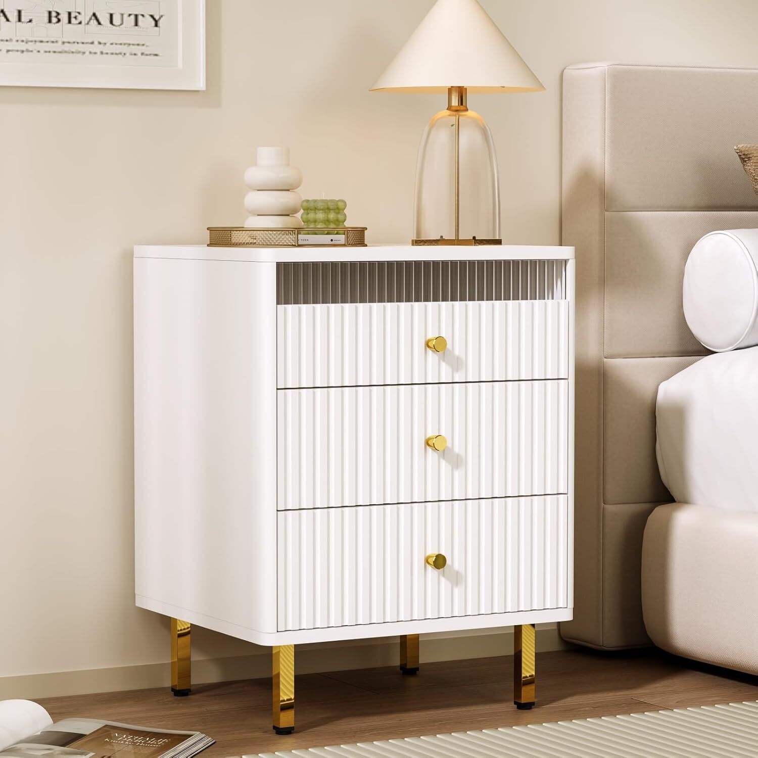 Fluted White Nightstand with 3 Drawers and Gold Legs, Modern End Table