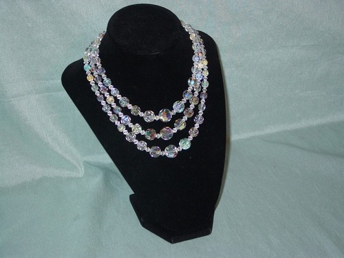 Vintage Graduated 3 String Aurora Borealis Crystal Choker Necklace - Picture 2 of 5