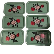 Lot Of 6 Vintage Seafoam Green Floral Red White Roses MCM Retro Metal Lap Trays