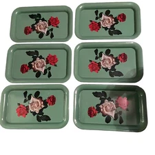 Lot Of 6 Vintage Seafoam Green Floral Red White Roses MCM Retro Metal Lap Trays