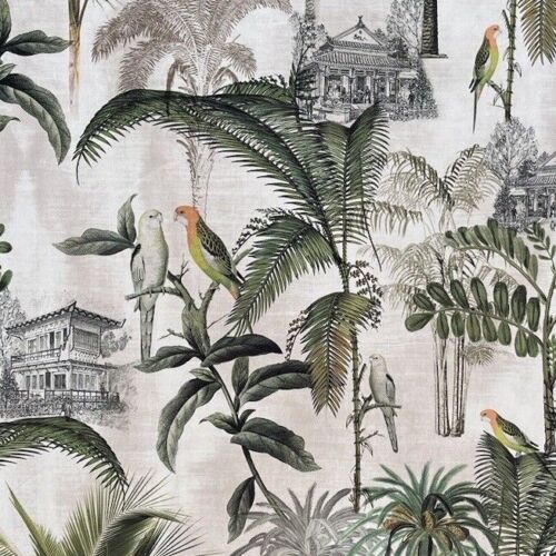 Pagoda Parrots Oriental Inspired Velvet Fabric Vintage Style Palm Tree Greenery - Picture 3 of 20