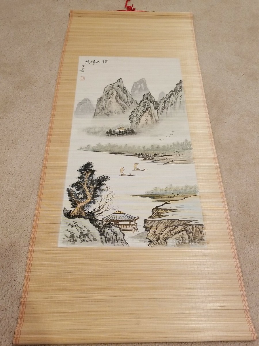 VINTAGE JAPANESE HANGING SCROLL ART VILLAGE MOUNTAIN SCENE 16