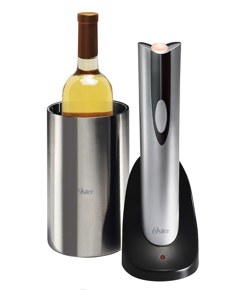 Oster Rechargeable Cordless Electric Wine Opener with Built-In Chiller in Sleek Stainless Steel Design