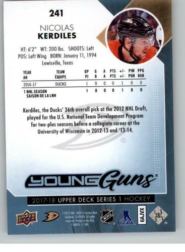 2017-18 Upper Deck #241 Nicolas Kerdiles Young Guns RC (ref 130413) - Picture 2 of 2