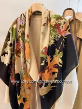70% Cashmere & 30% Silk Wrap Scarf Stole Leaves Print Square Shawl 53" Black
