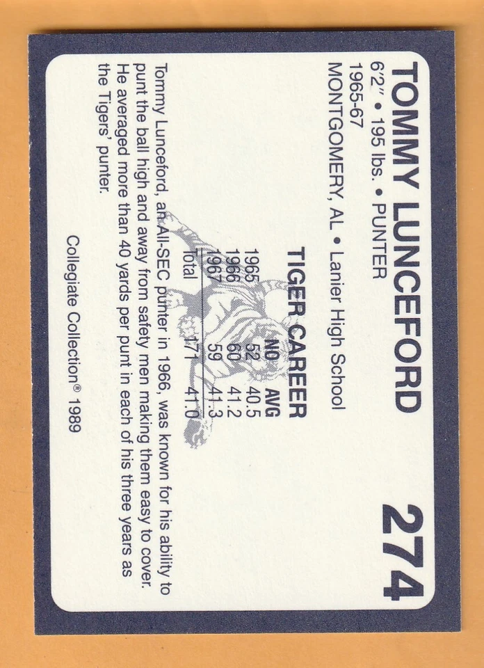 Tommy Lunceford Auburn Tigers 1989 Card #274 Montgomery Alabama Lanier High 12V - Image 2 of 2