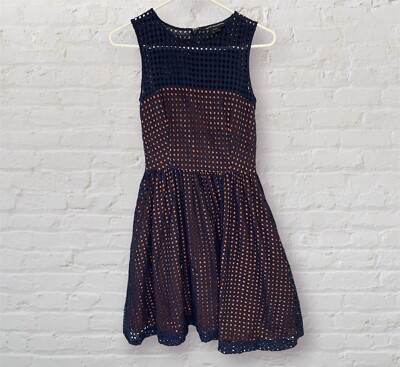 French Connection Navy Blue & Coral Eyelet A-line Dress Size 0 Pockets