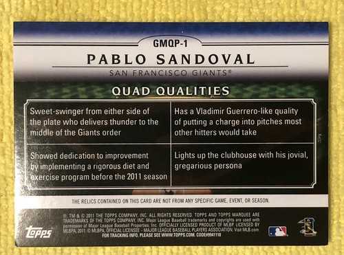 2011 Topps Marquee Pablo Sandoval Quad Qualities Patch 7/10 - Picture 2 of 2
