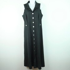 Vintage Black Linen Blend Button Down Maxi Dress Sleeveless Collared 16 90s