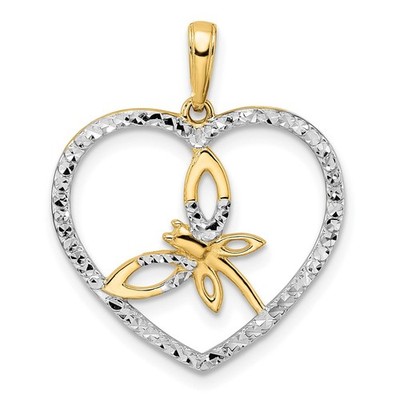 14k Gelbgold und weißes Rhodium Diamantschliff Libelle im Herz Anhänger