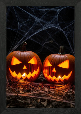 Halloween Kürbisse mit Spinnnetzen gerahmtes Wandbild Poster Leinwanddruck Bild