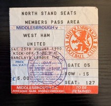 Matchday Ticket Middlesbrough v West Ham United  25/08/90 Division 2