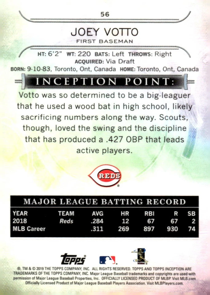 2019 Topps Inception #56 Joey Votto - Image 2 of 2