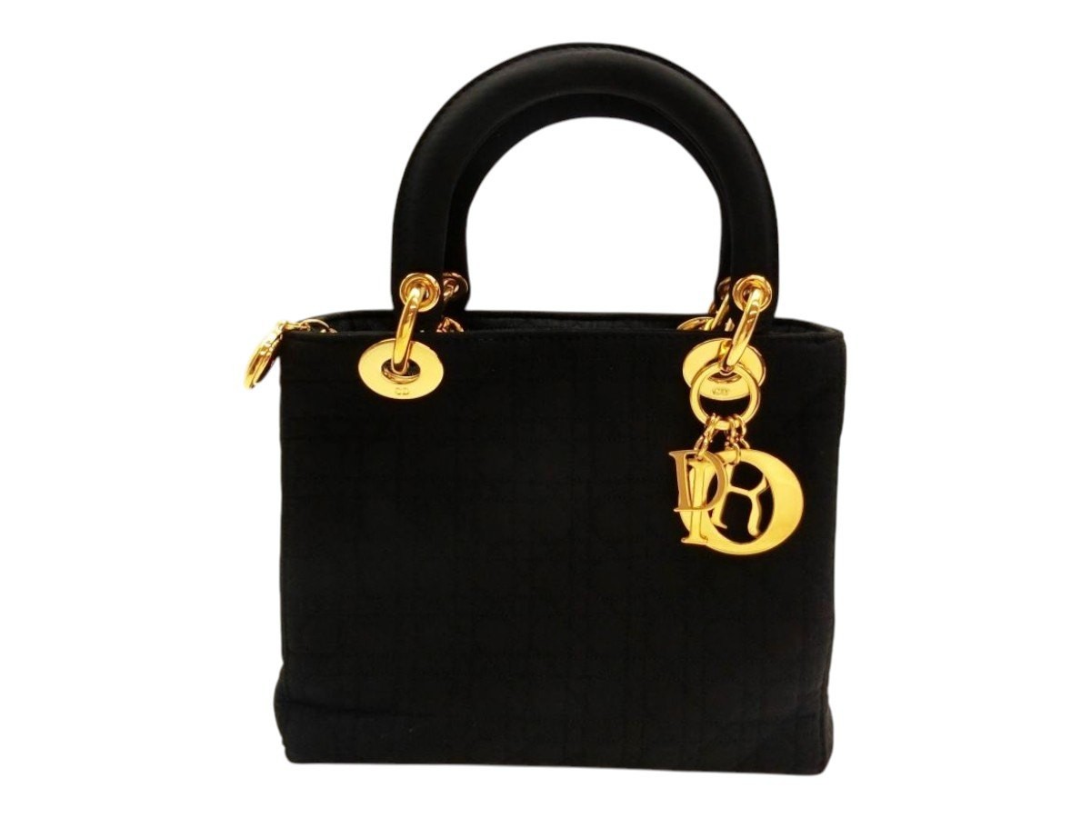 Dior Lady Cannage Nylon Handbag Black Red Gold Hardware