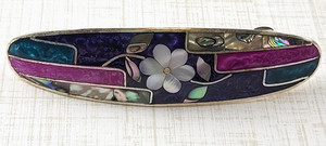 Vintage Abalone Inlay Hair Barrette Clip Blue Teal Magenta White Flower