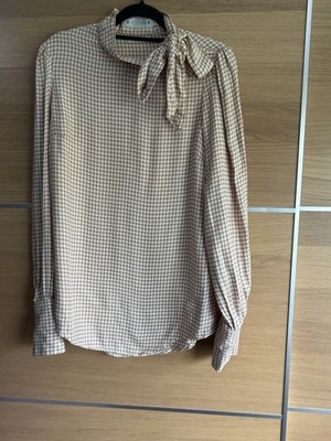 Holland Cooper Size 8 Brown White Houndstooth Blouse Long Sleeve Tie Neck BC7