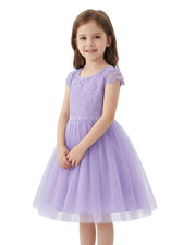 Abito Cerimonia Bambina Pizzo Tulle Elegante Fiocco Viola 90 cm Fodera Cotone