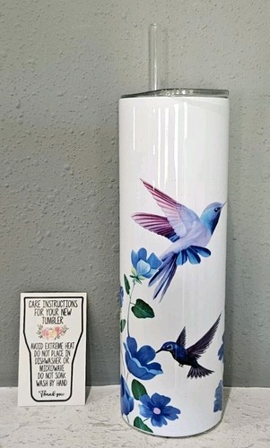 Vaso Colibrí Azul Púrpura Flores Pájaros Blanco SS Aislado al Vacío 10" - Imagen 1 de 11