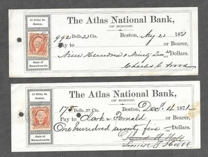 Two 1871 Boston Massachusetts Bank Checks