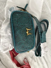 New LOYAL WEST hobo medium turquoise floral embossed leather bag purse