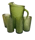 Vintage Anchor Hocking Soreno Avocado Green Pitcher 4 Glasses Set MCM