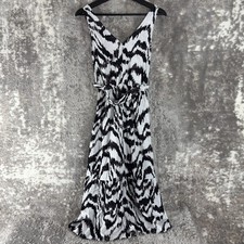 Nine West Size S Linen Rayon Blend Abstract Belted Midi Flared Dress White Black