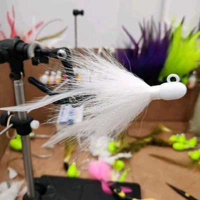 CARLITOS CUSTOM JIGS white custom bucktail jig With Feathers And Flash. 1/2oz Up To 3oz Available