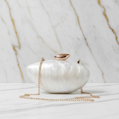 Clutch Perlmutt Weiß - Abendtasche Goldene Kette Elegant Damen Handtasche Sommer