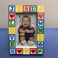 Vintage 90  s Baby Photo Picture Frame Jesus Loves Me 5x7 Blocks Baby Shower Gift