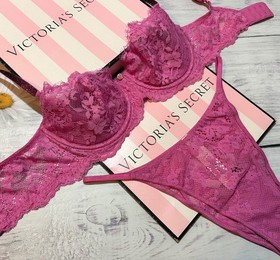 Victoria's Secret Shine Strap Dream Angels Lace Bra Brazilian Set Shimmer Pink