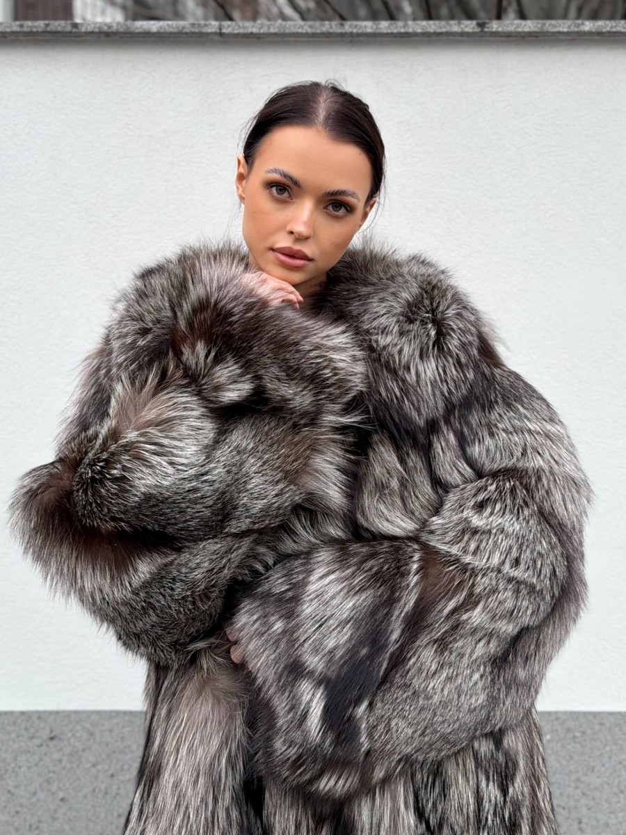 Luxury Full Length Silver Real Fox Fur Long Coat Saga Furs Royal