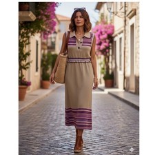 Anna Sui Womens Multicolor Chevron Knit Sleeveless Midi Collared Dress Sz M