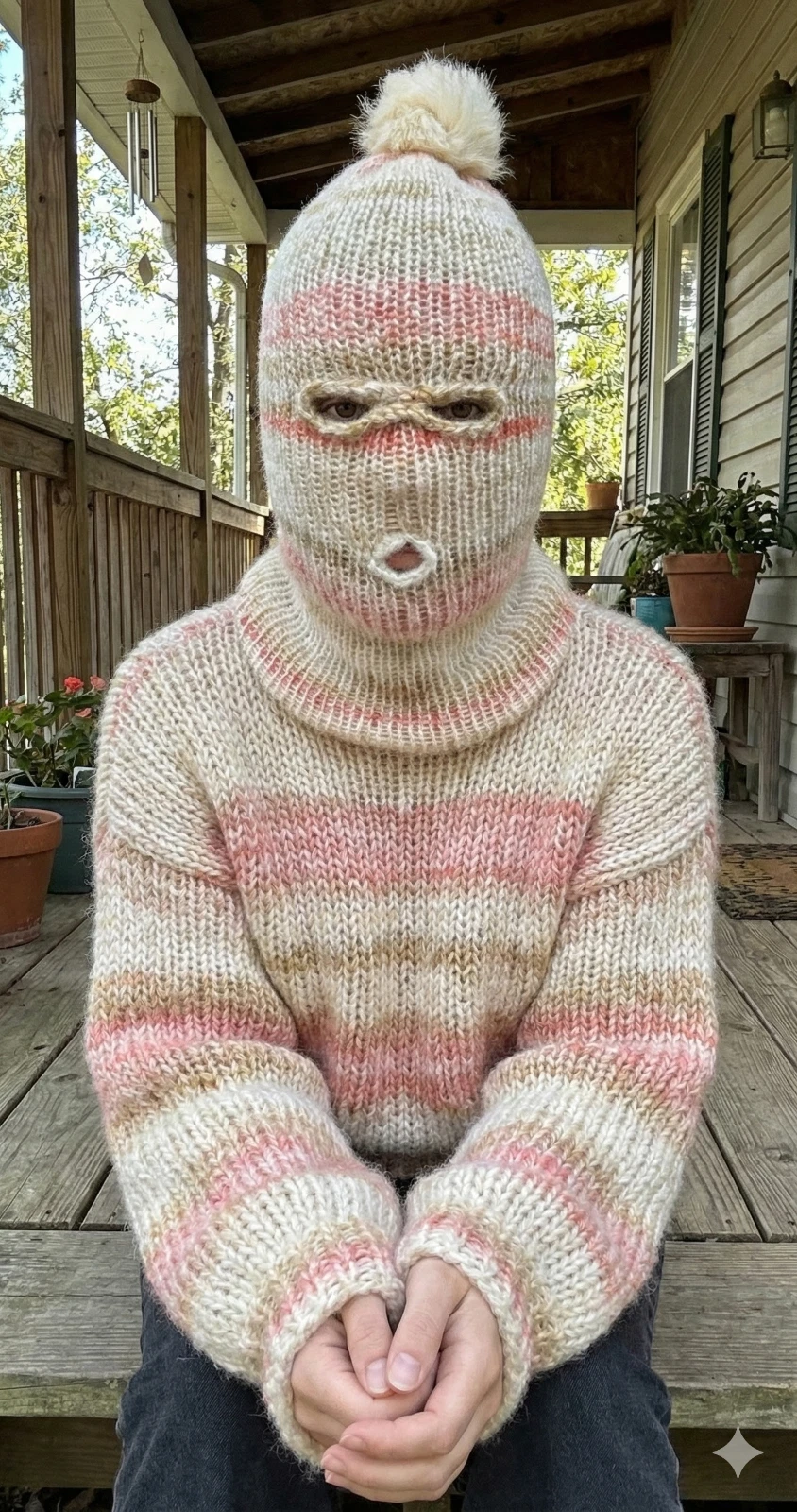 Ski Mask Balaclava Tan/White/Pink 3 Hole Double Layer Warm Winter Hat Mohair Bl