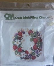 Vtg 78 Columbia Minerva Cross Stitch Pillow Kit 6779 Strawberries Wreath 14 x 14