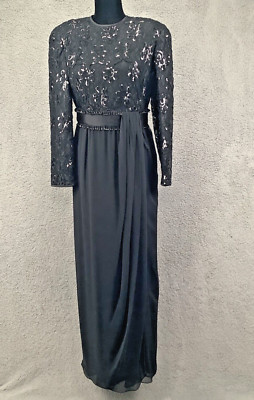 Vintage Gianni D'Alberto Evening Dress Women M Black Layered Beads Sequins