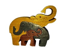 Wooden 3 Elephant Puzzle 3  tall babies and mother tri color