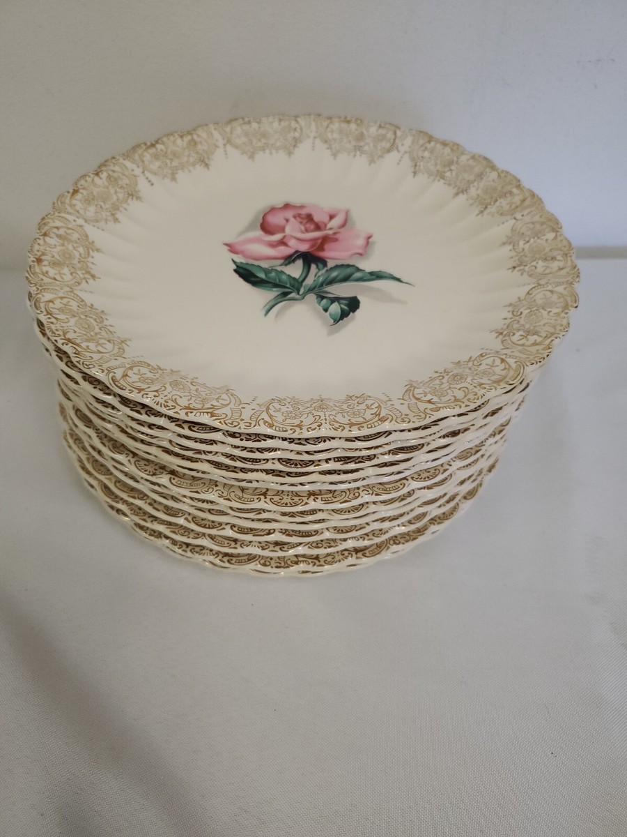 American Limoges 22K Gold Le Fleur Rouge (13) Dinner Plates Rose